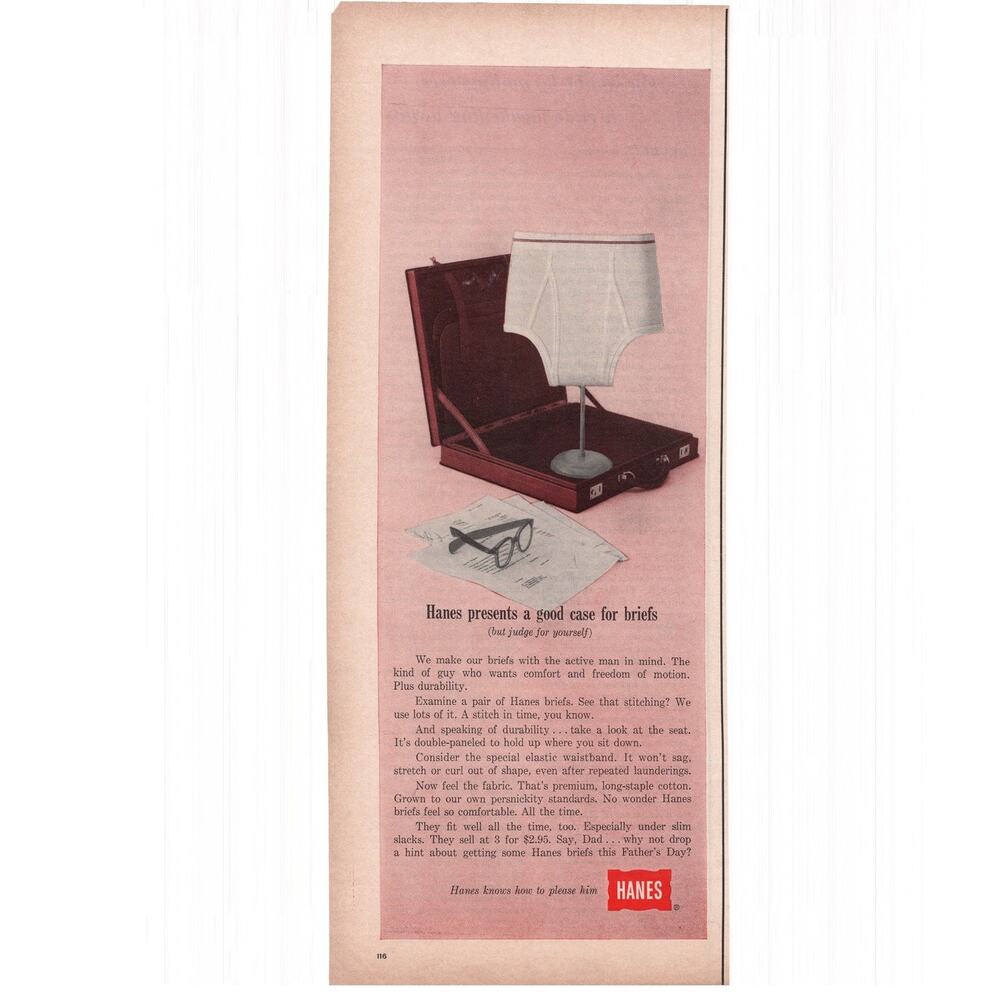 Hanes Briefs Magazine Advertisement 1940s Vintage Mens Underwear Briefcase